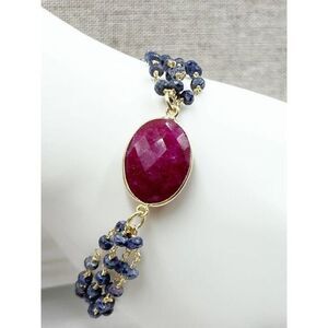 24kt Gold Vermeil Ruby Faceted stone& Sapphire Chips Gold  Bracelet
